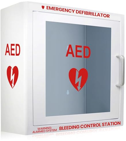 AED Wall Mounted Cabinet with Bleeding Control Kit Storage, AED defibrillator for home, Large 17.4x17.3x6.9 Inch, Durable Metal Cabinet with Clear Window & Door Activated Alarm, AED cabinet wall mount