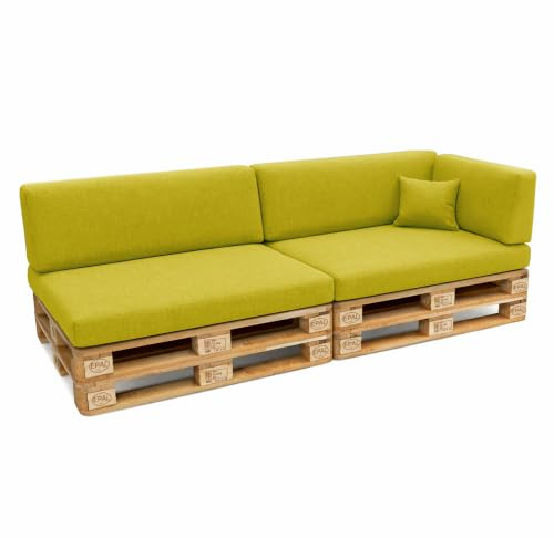 POKAR Set med kuddar för Europallar i 6 delar: 2 x säten 120 x 80 cm +2 x ryggstöd 120 x 40 cm +1 x ryggstöd (sida) 60 x 40 cm + 1 x dekorativ 40 x 40 cm, för trädgårdssoffa, utan pall, lime