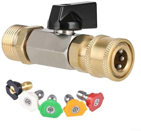 Adaptador de lavadora a presión M22 de 14 mm - Válvula de bola de acoplamiento rápido para 4500 PSI - Acero inoxidable y latón - Interruptor de encendido/apagado eficiente (adaptador + 5 boquillas)