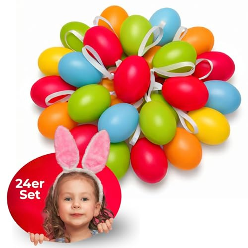 Bada Bing 24er Set Deko Ostereier 6 cm zum Aufhängen in schönen bunten Pastellfarben - Eier für Ostern aus Kunststoff draußen Ostergarten - Plastik Oster Eier für den Osterstrauß Outdoor Hänge-Deko