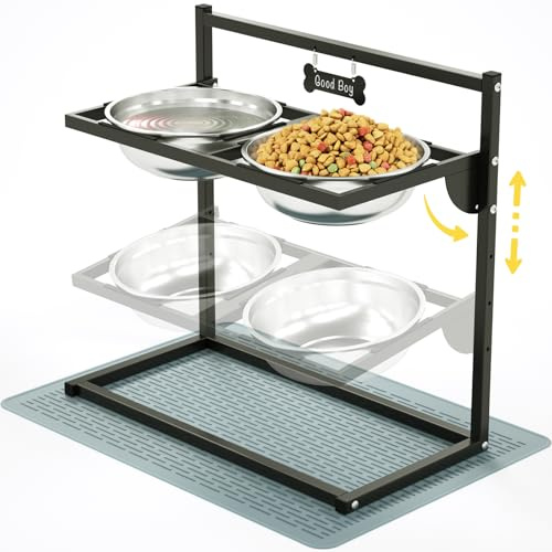 Comederos Elevados para Perros con 4 Alturas Ajustables e Inclinación de 10°, 2 Boles de Acero Inoxidable (3L x 2) y Alfombra Antiderrames, Perros de Raza Gigante, Grande y Mediano