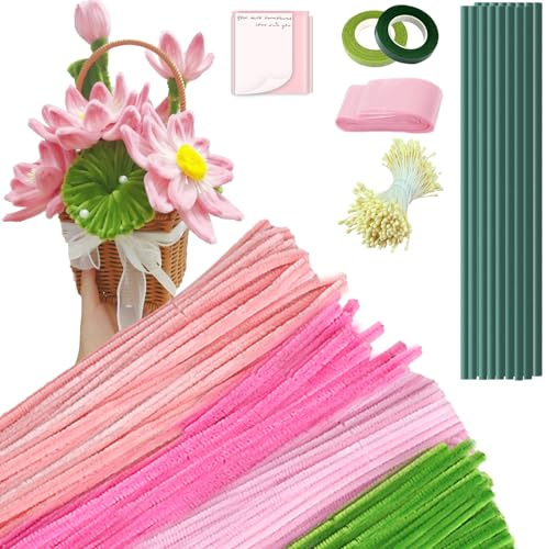 400 Piezas Limpiapipas Manualidades, Limpiapipas Flores 4 Colores, Limpia Pipas para Manualidades, Ramo Alambre Chenillas, con Tallos y Cinta, para Regalos Artesanales y Decoración (Rosa)