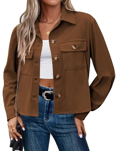 Hotouch Cropped Jacke Damen Langarm Lockere Cordjacke Frühling Jacken für Damen Kurz Übergangs Jacke Sommerjacke Braun S