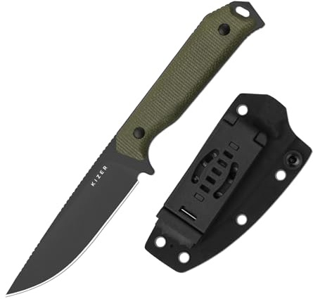 Kizer Begleiter Fix Kniv med Fast Blad, 3,78 Drop Point D2 Blad Jaktknivar med Kydex Slida, Grönt Micarta Handtag EDC Kniv för Camping Jakt Överlevnad 1045MD3