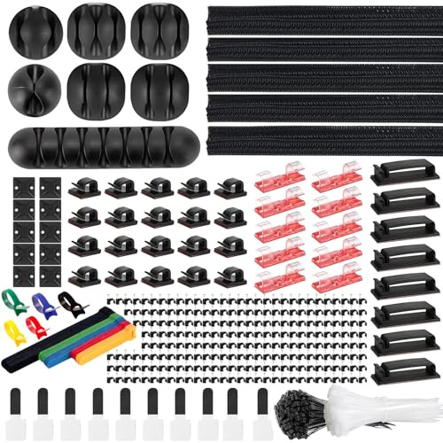 Kabelmanagement Set 500 Stück, Kabel Organizer Schreibtisch mit Kabelschlauch, Kabelbinder, Kabelclips selbstklebend, Kabelklemmen & Kabelschellen, Kabelhalter für PC TV Büro Home Office