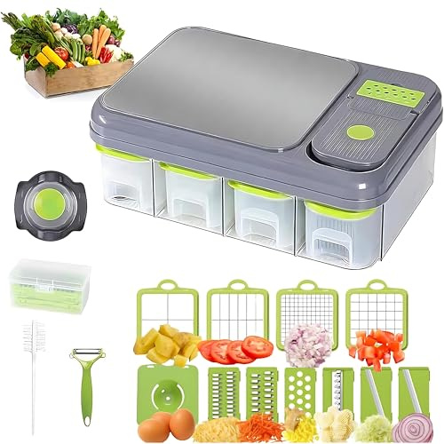Picadora de Verduras Trituradora y Cortadora Patatas Multifuncional con Recipiente Almacenamiento Cortador Alimentos Rebanador Acero Inoxidable Para Ensalada Cebolla Vegetal