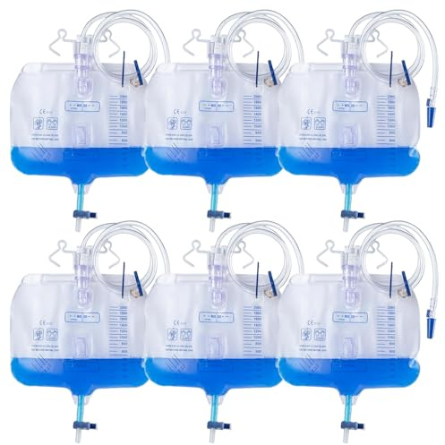 Behogan Lot de 6 poches à urine de 2000 ml,poches pour jambes, système de drainage urinaire,poches à urine de 2000 ml avec valve anti-reflux et drain en T,poches de drainage urinaire avec tuyau de1.2m