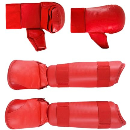 Kit d'équipement de Taekwondo avec Gants de karaté et protège-Tibias - Ensemble de Protection pour Sports de Combat et Arts Martiaux- Rouge L