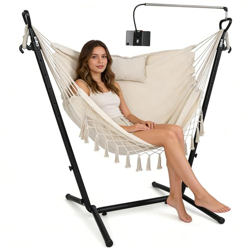 RELAX4LIFE Hammock Chair with Stand and Phone Holder, 6 Height Adjustable Swing Chair with Handy Pocket and Humanized Pillow, Garden Tassels Hanging Seat for Balcony Yard Poolside (Beige)