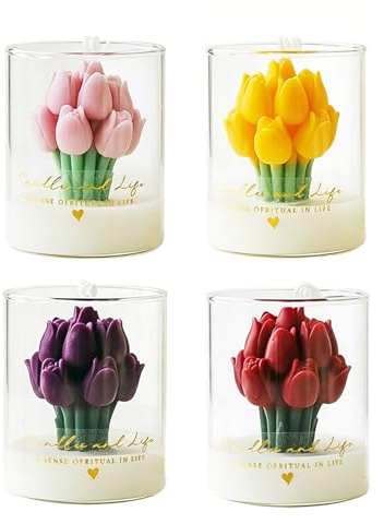 Paquete de 4 velas perfumadas en forma de tulipán, fragancia para el hogar y adornos decorativos, perfectas para reuniones, trabajo, lectura, citas románticas, aniversarios, fiestas, vacaciones y