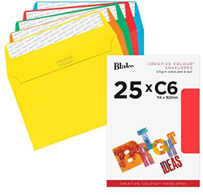 Blake Creative Colour - Multi-Coloured C6 Envelopes (114 x 162 mm) - Pack of 25 - FSC Certified - 120GSM - Peel and Seal Rainbow Envelope - Invitation Envelopes/Card Making Supplies (15123)