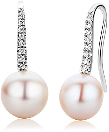 Miore Orecchini Donna Pendenti Perle di fiume Diamanti taglio Brillante ct 0.12 Oro Bianco 18 Kt / 750