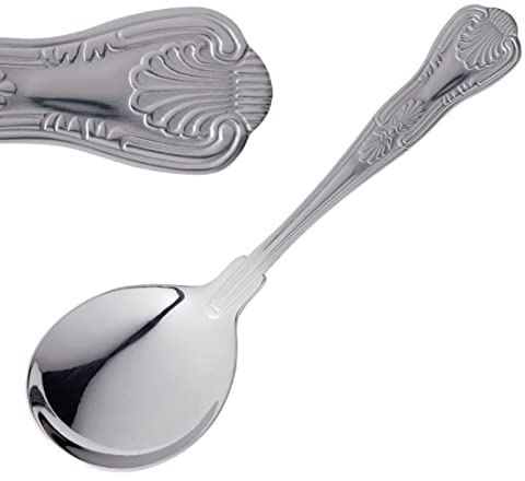 Olympia Kings Soup Spoon 18/0 Stainless Steel, Pack of 12 | Dishwasher safe construction ensures effortless cleaning, providing long-lasting durability for busy catering venues.