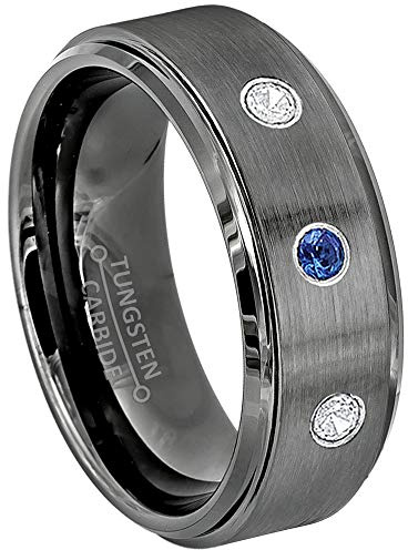 Jewelry Avalanche 0.21ctw Blue Sapphire & Diamond 3-Stone Mens Tungsten Ring - 8MM Brushed Gunmetal (Dark Gray) Mens Tungsten Carbide Wedding Band, Anniversary Ring - 9