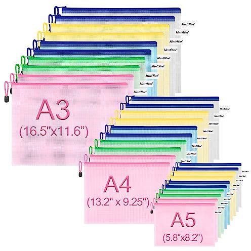 MerryNine Reißverschlusstasche Dokumententasche (5 Farben30 Pack) Briefgröße wasserdichte Dokumententasche für Schule Bürobedarf Kreuzstich Organizing Storage (A3-10Pack A4-10Pack A5-10Pack)