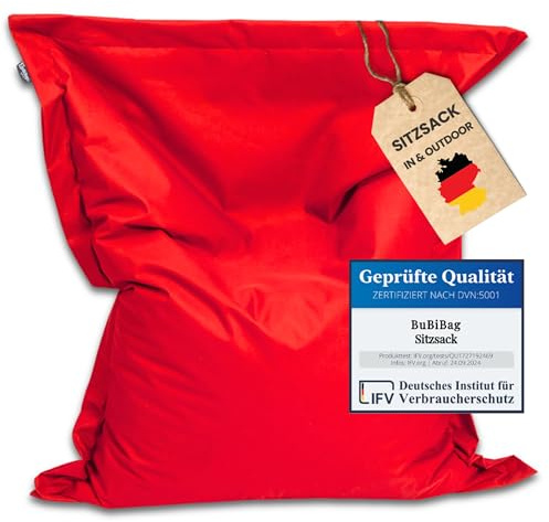 BuBiBag Sitzsack XXL 190x145 cm mit Füllung – Handgefertigt – Bean Bag Indoor & Outdoor – Riesensitzsack Lounge Gästebett Erwachsene – wasserabweisend – Rot
