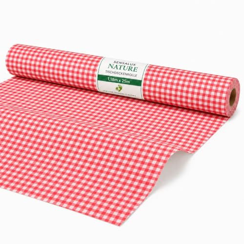 Sensalux Nature Vlies Tischdeckenrolle 1,18 x 25m, Karomuster Weiß-Rot | CO2-neutral, stoffähnliche Meterware, Tischdeko für Hochzeit Geburtstag Party Event Catering