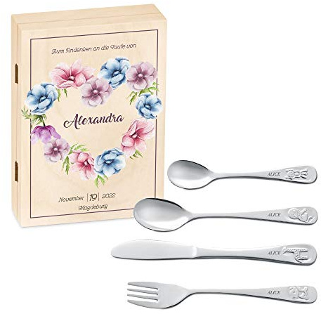 Maverton Kinderbesteck Set mit Gravur + Holzbox mit Aufdruck - mit Tieren - aus Edelstahl - Braun - Geschenk für Mädchen zum Geburtstag zur Taufe Geburt - Weihnachtsgeschenke - Blumenherz