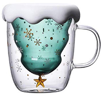 Tazza da caffè a doppia parete con albero di Natale isolato in vetro con manico, perfetta per latte, cappuccino americano