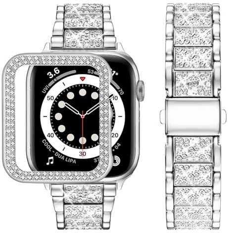 wutwuk Kompatibel mit Apple Watch Armband 38mm Damen, Strass Metall Armbänder mit Glitzer Harter PC Gehäuse Bling Diamant Ersatzarmband für iWatch Series 3 2 1 38mm, Silber