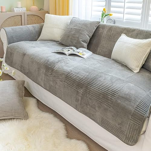 WYJHNLBEDC Sofa überwurfdecke, Sofaschutz Hund/Katze, Warmer Super Weicher Kurzer Plush Fleecedecke Sofa/Couch überzug/Sofabezug 1 2 3 Sitzer L Form U Form Ecksofa 45x45 Kissenbezug mit füllung, Grau