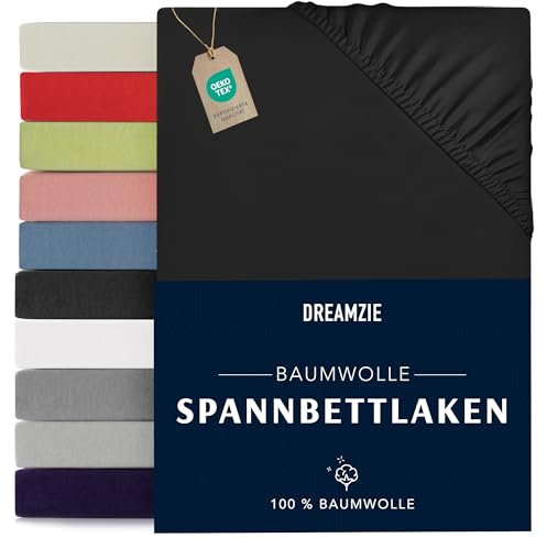Dreamzie - Spannbettlaken - 140x200cm - 100% Baumwolle Jersey | Schwarz · Leintuch mit Rundumgummi · Spannbetttuch bis 22cm Steghöhe · Oeko-Tex zertifiziert · Doppelbett