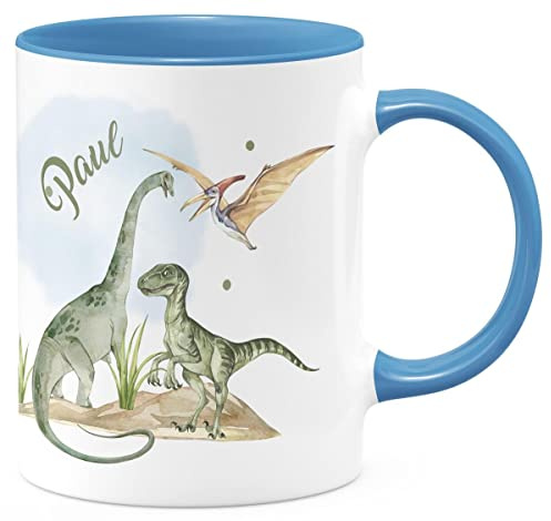 miKalino Keramiktasse Jungs - weiße Keramiktasse Kinder personalisiert - bedruckte Kindertasse mit Dinosaurier-Motiv - Kindertasse mit Namen - Geschenk Keramiktasse