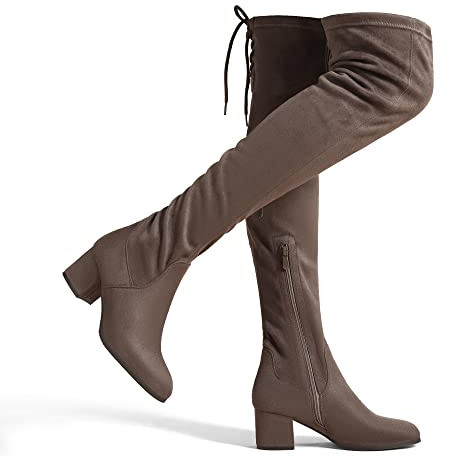DREAM PAIRS Botas de Caña Extra Larga de Gamuza Botas Sexy Arriba de la Rodilla con Cordones Mujer Cálidas Mosqueteras con Tacón Ancho de 5cm Laurence-E