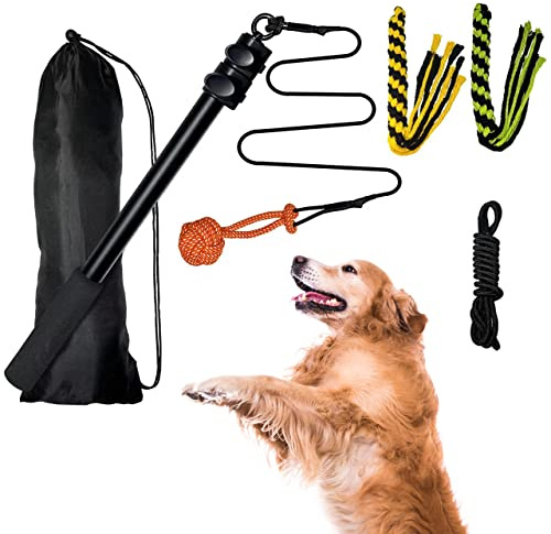 Moyubath Flirt Pole Rope Dog Toy with Rope Ball and 2 Chasing Tail Chewing Braided Cotton Rope Outdoor Interactive Tug Extendable Teaser Training Wand Pet Flirt Stick for Small Medium Large Dogs