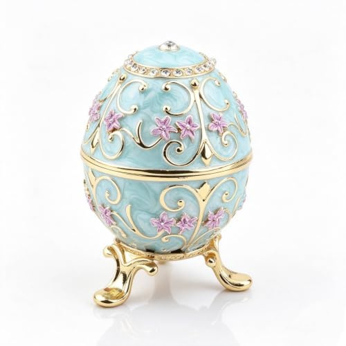Beufee Egg Style Trinket Box, Hand Painted Enameled Egg Metal Ring Holder for Jewelry Decorative Hinged Enamel Trinket Box Unique Gift Enameled Jewlery Box Trinket Organizer for Home Decor, 8x6cm