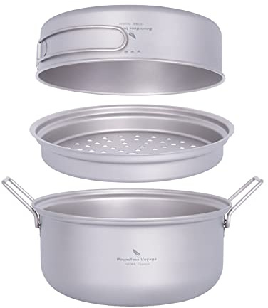 iBasingo Camping Cooking Steamer Pot Titanium 1800ml Stockpot 1000ml Frying Pan Set Outdoor Travel Cookware Ultralight Soup Pot Pan Portable Hiking Picnic Mess Kit with Folding Handle Ti2101C