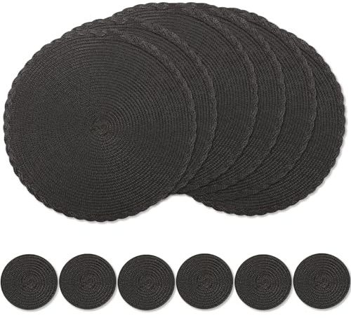 wiipara Round Woven Placemats Set of 6, 34 cm Kitchen Coffee Table Mats with Coasters Heat Resistant Wipeable Table Placemats for Dining Table, Home, Restaurant, Hotel, Cafes (Black)