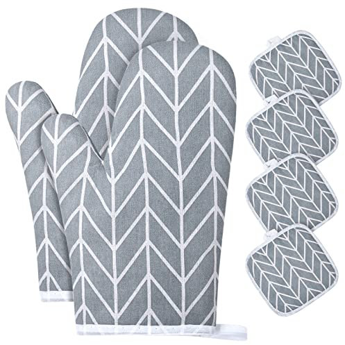 AUAUY Oven Mitts and Potholders BBQ Gloves-Oven Mitts and Pot Holders with Recycled Infill Cotton Non-Slip Cooking Gloves for Cooking Baking Grilling (6-Piece Set,Grey)