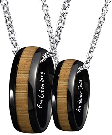 Edelstahl Partner Kette 2er, Ringe Anhänger Schwarz mit Gravur EIN Leben lang an deiner Seite Holz Halskette Paare Personalisiert für Damen Herren, Breite 8MM, Länge 50cm 60cm
