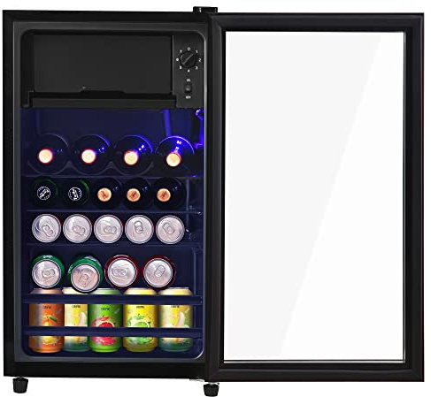 kubeier Mini frigo Porte vitrée, Mini frigo Silencieux pour Bureau Camping extérieur, frigo à bière 76 litres, étagères réglables, éclairage intérieur Bleu, Noir, Classe énergétique F