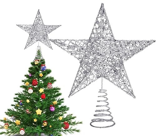 Étoile Noël en Métal Étincelant - Top De Sapin De Noël Argentée, Arbre De Noël Haut Étoile, Arbre Noël Sapin Treetop, Décoration Noël en Forme d'Étoile - 24cm Etoile Sapin Noel