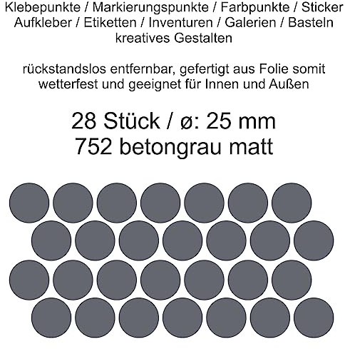Aufkleber Etiketten Klebepunkte aus Folie 28 Stück grau betongrau matt rund 25 mm selbstklebend farbig wetterfest Decal Markierungen Organisieren DIY basteln verzieren Modellbau Scrapbooking