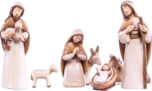 Akantus Moderne Krippenfiguren aus Holz: 7-teiliges Krippenfiguren Set (gebeizt) (12 cm)