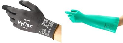 Ansell HyFlex 11-840 Professional Work Gloves, Multipurpose Protection Gloves, Black, Size M (3 Pairs) + Ansell AlphaTec 37-185 Chemical-Resistant Nitrile Gloves, Food-Handling, Green, Size M (1 Pair)