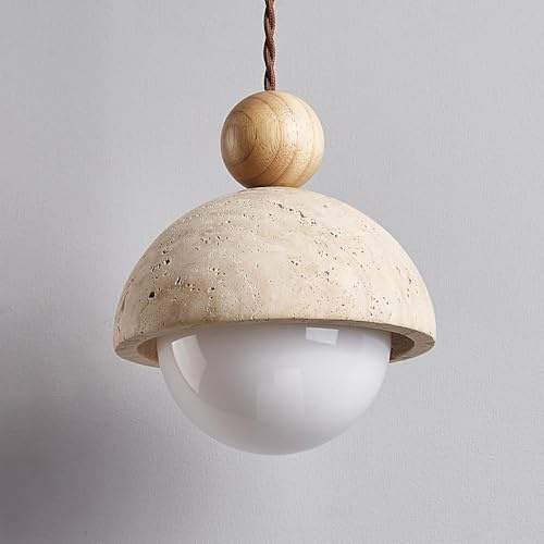 UOPYNE E27 Natural Stone Spherical Pendant Light, Retro Rustic Small Pendant Lamp, Wabi-sabi Style Pendant Lighting for Kitchen Island Dining Room - Solid Wood Suspension Lamps (Color : B)