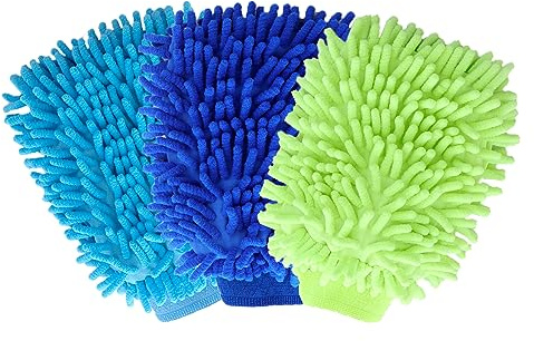 LYCRAFTS Lot de 3 gants de lavage de voiture en microfibre anti-rayures double face pour nettoyage de voiture, camions, motos (bleu + vert + bleu roi)