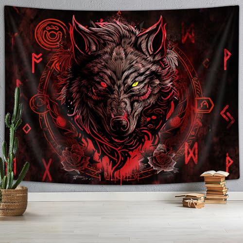 Xguatan Wikinger-Wolf-Wandteppich, nordische Mythologie, Runen, antiker roter Wandteppich, Meditation, mittelalterliche, mysteriöse Tiere, antike Kunst, Wandteppich für Schlafzimmer, Wohnzimmer,