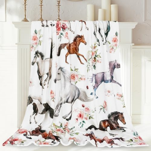 JarThenaAMCS Floral Horse Fuzzy Blanket 60 x 50 Inch Farmhouse Throw Blanket Watercolor Flower Cow Soft Cozy Flannel Blankets for Home Chair Sofa Couch Bed