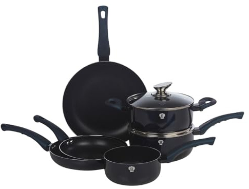 Blaumann 8 Pcs Cookware Set Cooking Pots Pans with Soft Touch Handles Glass Lids (Aquamarine)