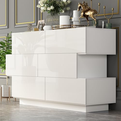 DEZAGCE 6-Schubladen-Schrank Weiß mit 6 Schubladen, Sideboard Wohnzimmerschrank,Schubladenschrank,Komodenschrank für Schlafzimmer,Wohnzimmer,Esszimmer,Flur, 40T x 127B x 76H cm