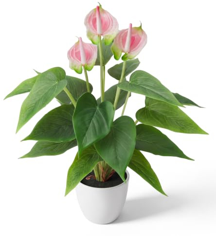 Quancru 42cm Rosa Künstliche Anthurium Blumen Faux Plastik Bonsai Modell | Fake Pflanzen Dekor, Faux tropische Blume, Echte Berührung Simulation Gepotzt Pflanze, DIY Hochzeit Partei Anzeige