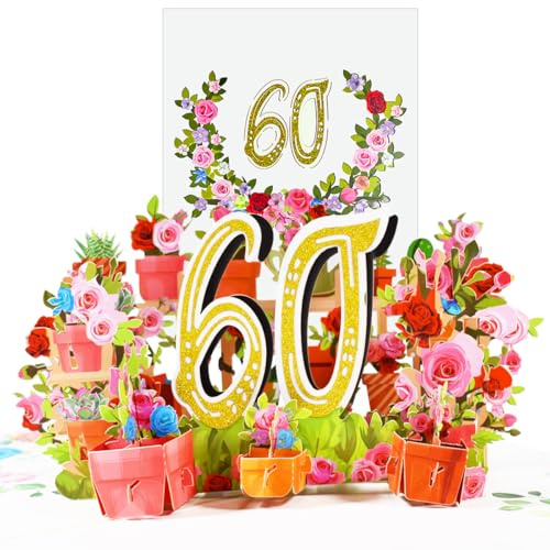 CNLITIHEKA Geburtstagskarten, Pop Up Karten zum 60. Geburtstag, Grußkarten zum 60. Geburtstag mit Blumen, 60. Popup-Jubiläumskarte, Geburtstagsgeschenkkarte mit Notiz und Umschlag.