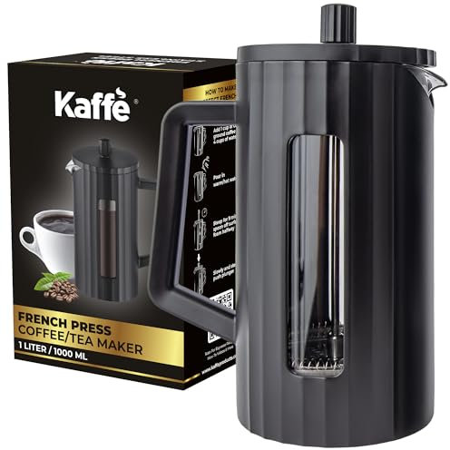 Kaffe French Press Kaffeebereiter (1 l), Borosilikatglas und BPA-freie Kunststoff-Kaffeemaschine, Mattschwarz, leichte Reise- und Camping-Kaffeemaschine