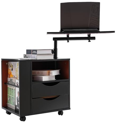 Funktioneller Drehbarer Nachttisch Mit Schublade, Hubtisch, Multifunktions Verstellbarer Tisch Mit Rollen (Schwarz)