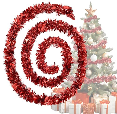 Lametta Weihnachtsbaum Rot 4X 3M Girlande Weihnachten - Weihnachtsgirlanden Glänzend Lametta Girlande Ø 9 cm,Tannengirlande Weihnachtsbaumschmuck Rot Christbaumschmuck Girlande Deko